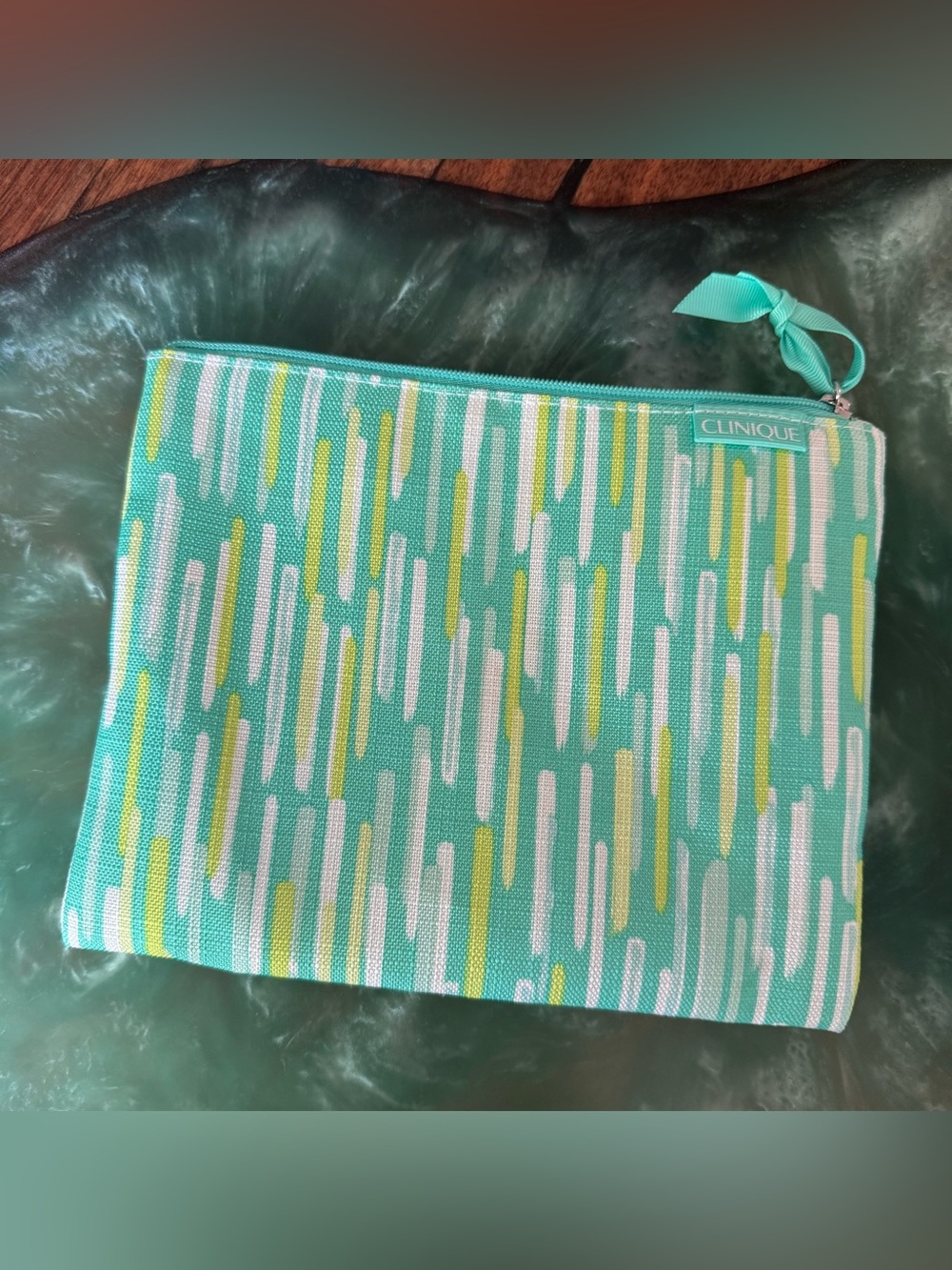 Clinique - Vintage Women’s Green & Yellow Cosmetic Makeup Bag, Ribbon Zipper